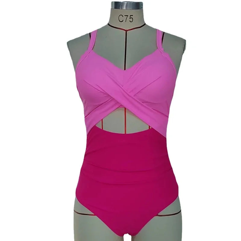 Sexy Hollow Cross Sling Swimwear Color Matching Backless
