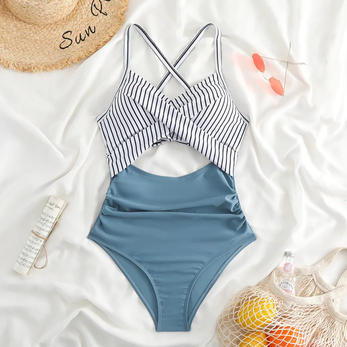 Sexy Hollow Cross Sling Swimwear Color Matching Backless