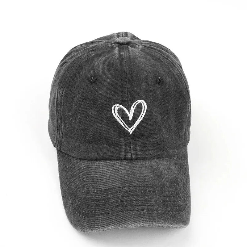 Heart Embroidered Washed Cotton Baseball Cap