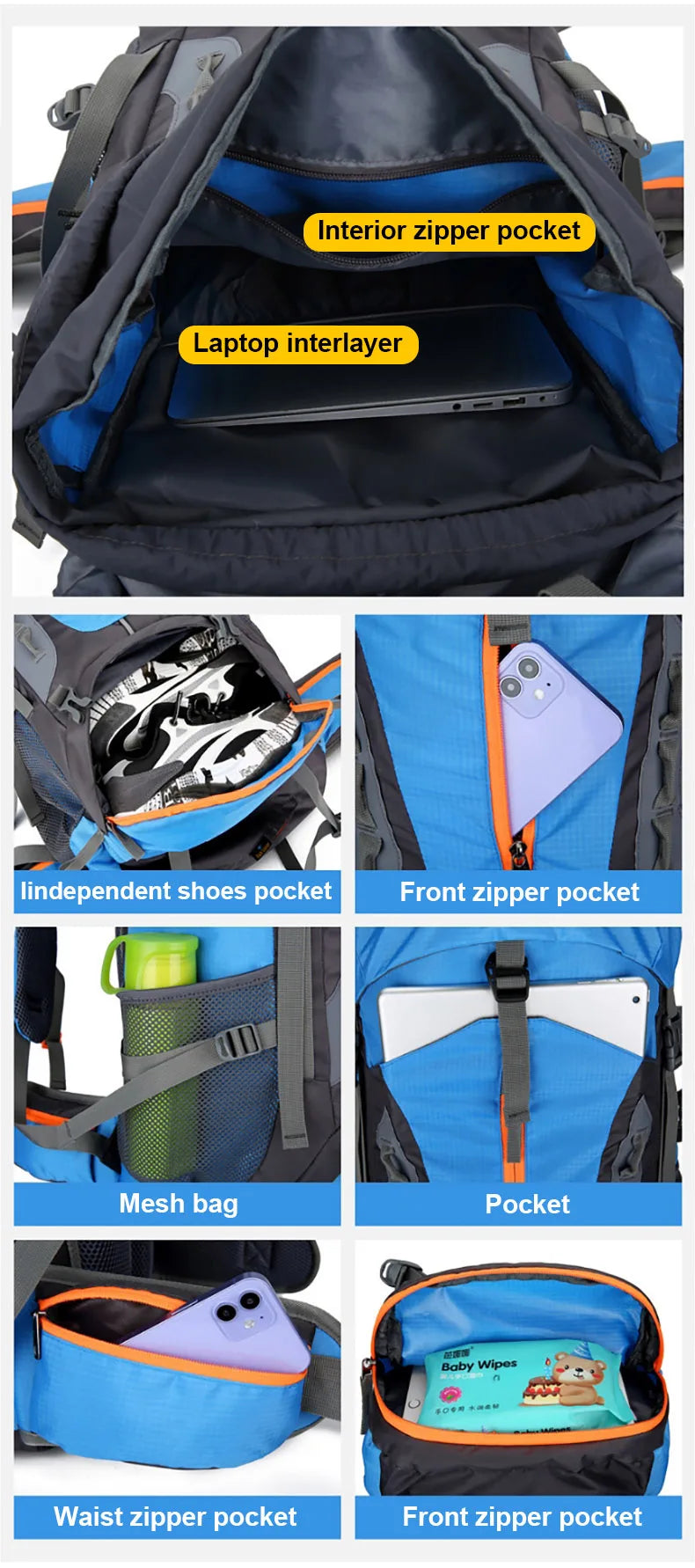 70L Camping Backpack Men's Travel Bag Climbing Rucksack