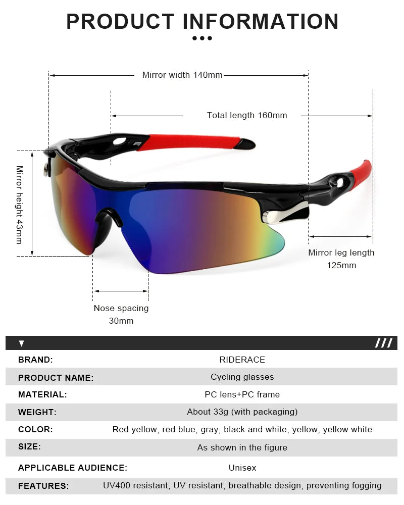 RIDERACE Sports Men Sunglasses Road Bicycle Glasses Mountain