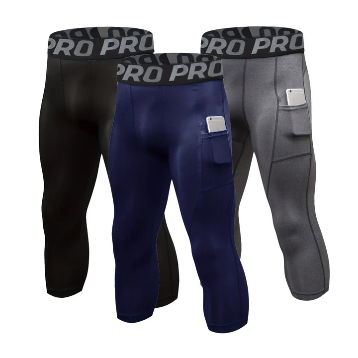 Men's 3/4 Compression Gym Tights, Black, Grey or Navy