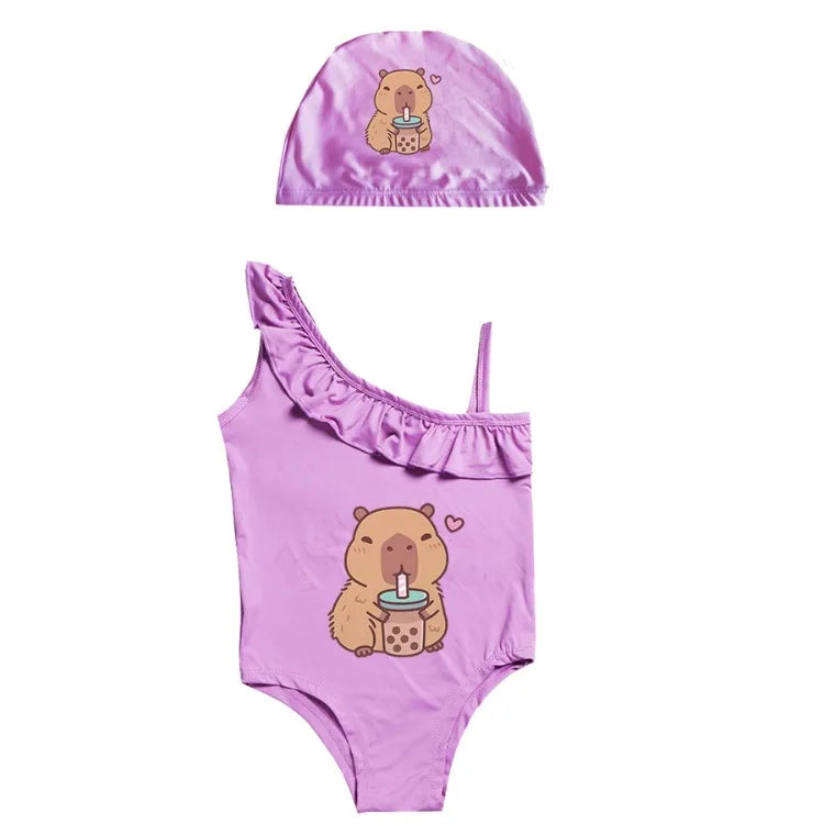 Girls' Capybara Print One-Piece Swimsuit