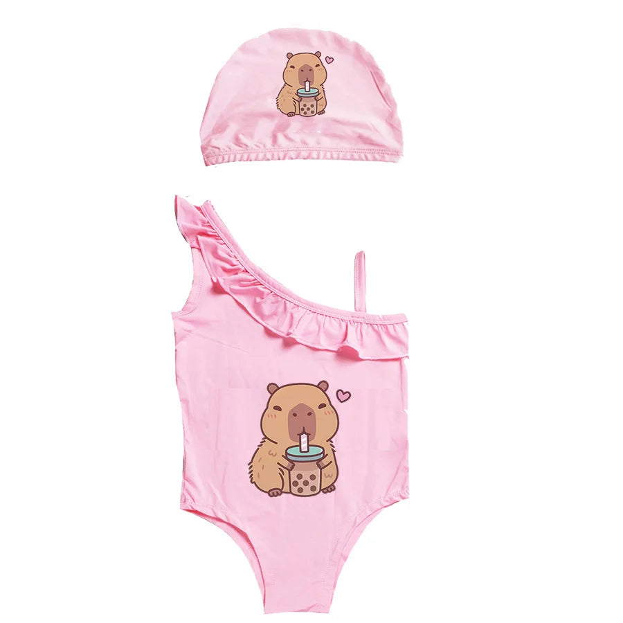Girls' Capybara Print One-Piece Swimsuit