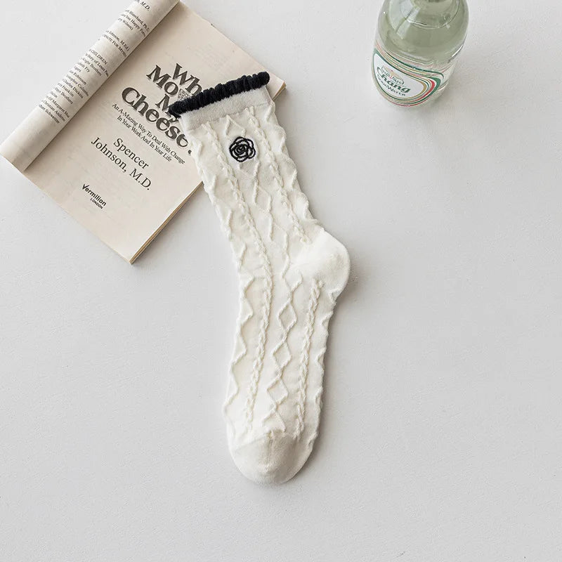 Women's Retro Embroidered Heart or Flower Socks