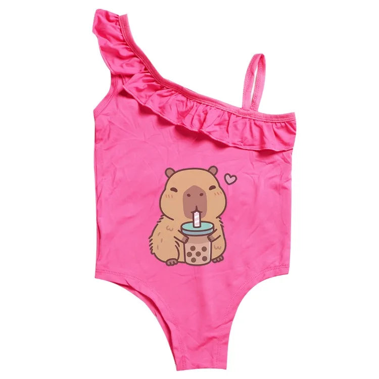 Girls' Capybara Print One-Piece Swimsuit