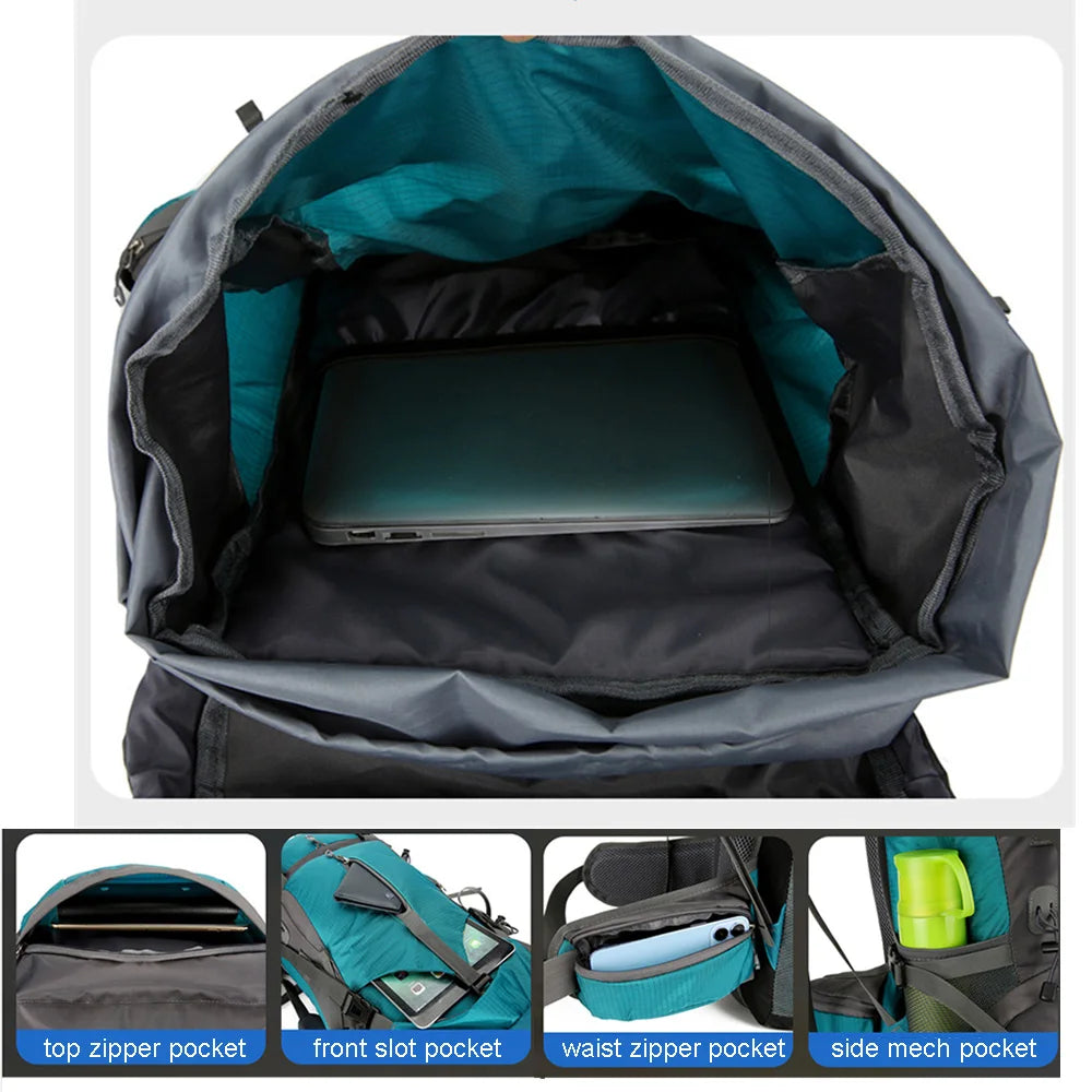 70L Nylon Camping Backpack with Rain Cover, image 5 of 30