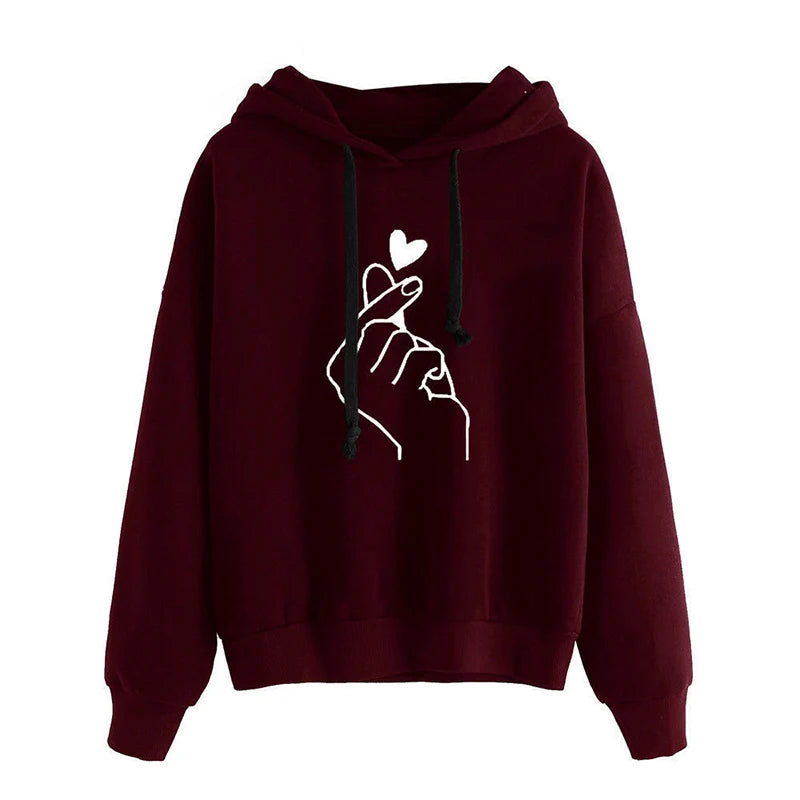 Autumn Fleece Hoodie Solid Color Finger Heart Hooded