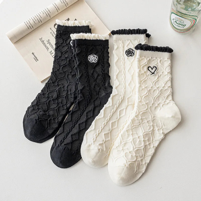 Women's Retro Embroidered Heart or Flower Socks