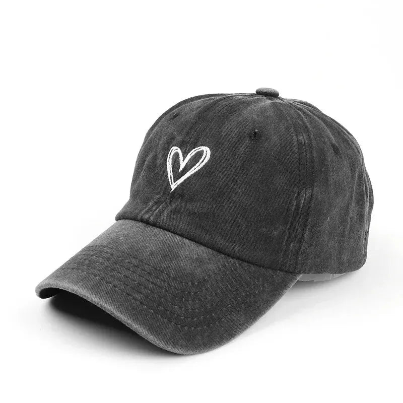 Heart Embroidered Washed Cotton Baseball Cap