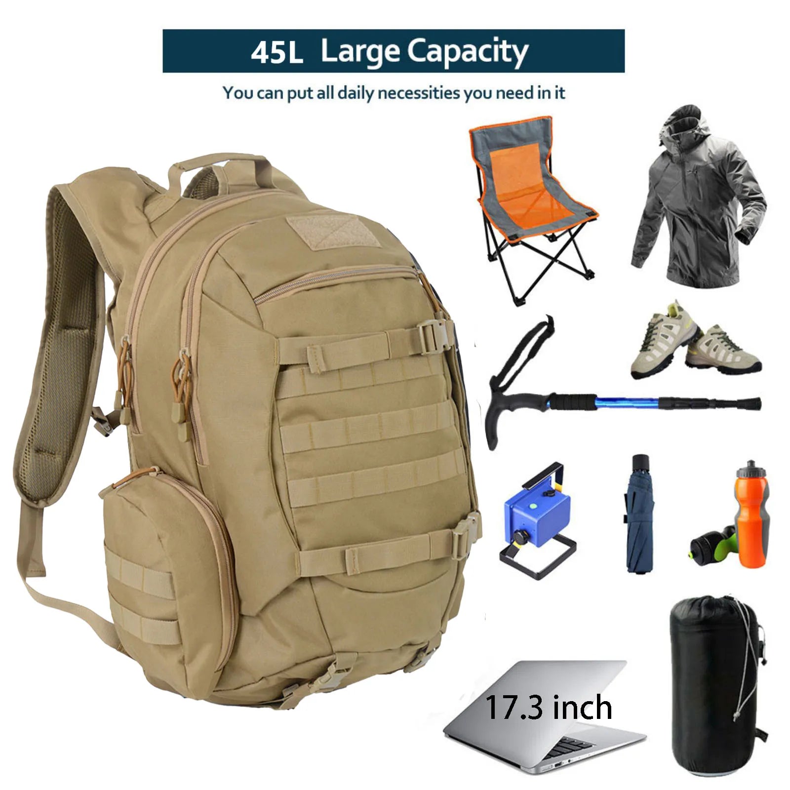 45L Waterproof Fishing Hunting Backpack Outdoor Rucksacks Tactical
