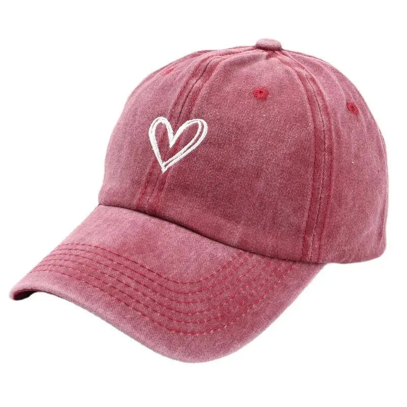 Heart Embroidered Washed Cotton Baseball Cap