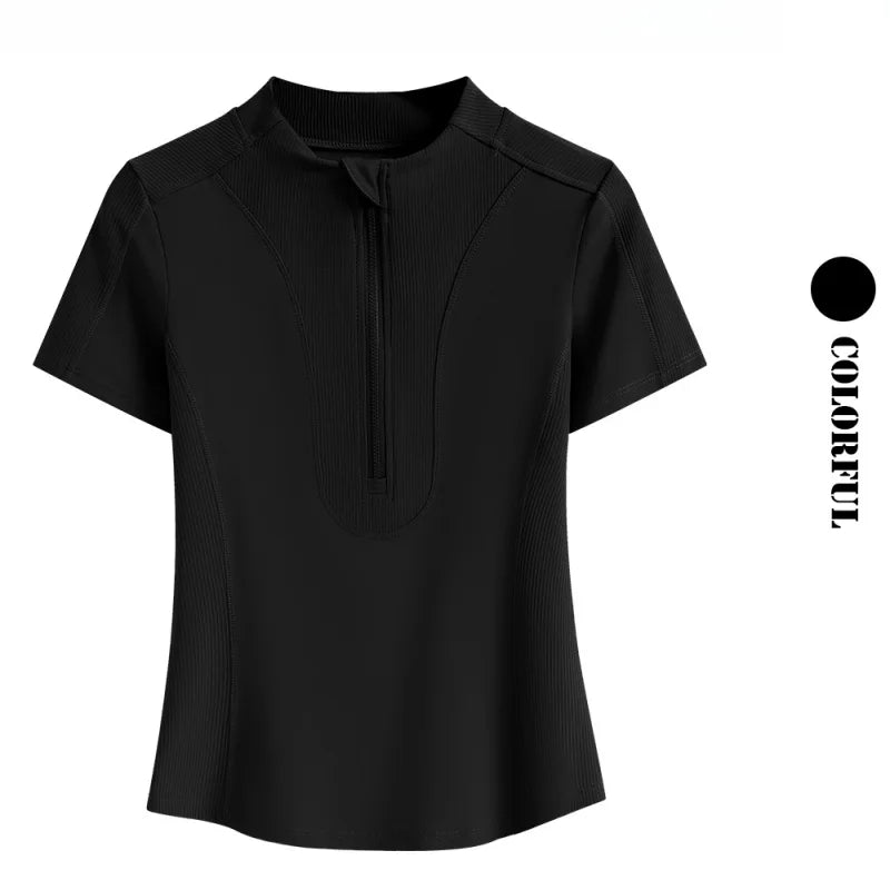 DRUR Yoga Tops Women Short Sleeve Half-Zipper Sports