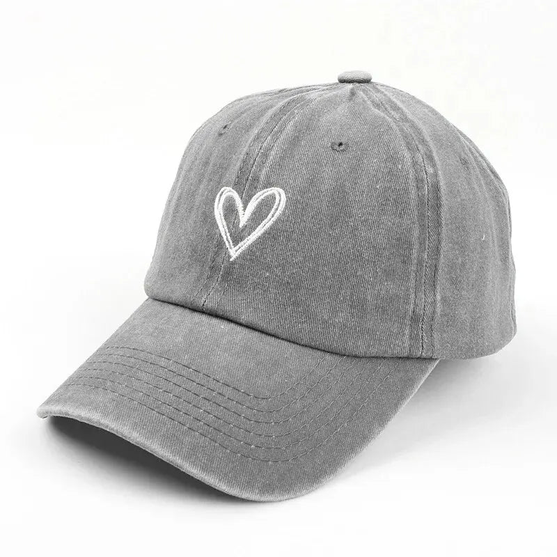 Heart Embroidered Washed Cotton Baseball Cap