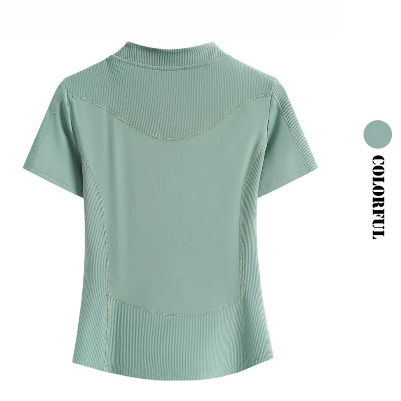 DRUR Yoga Tops Women Short Sleeve Half-Zipper Sports