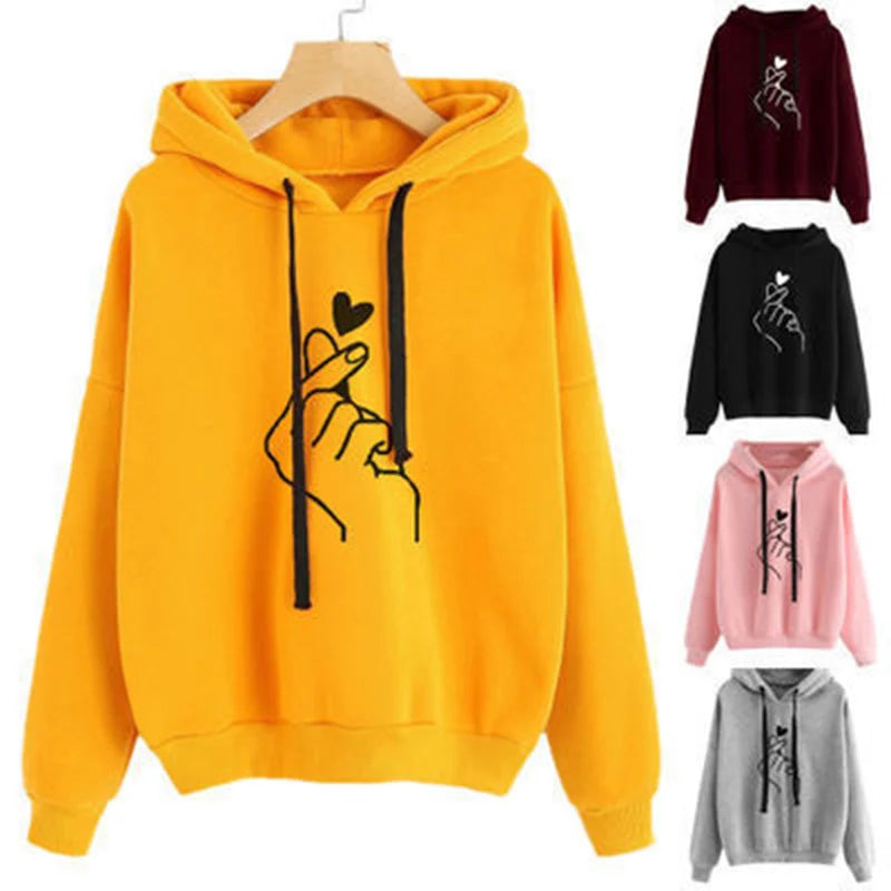Autumn Fleece Hoodie Solid Color Finger Heart Hooded
